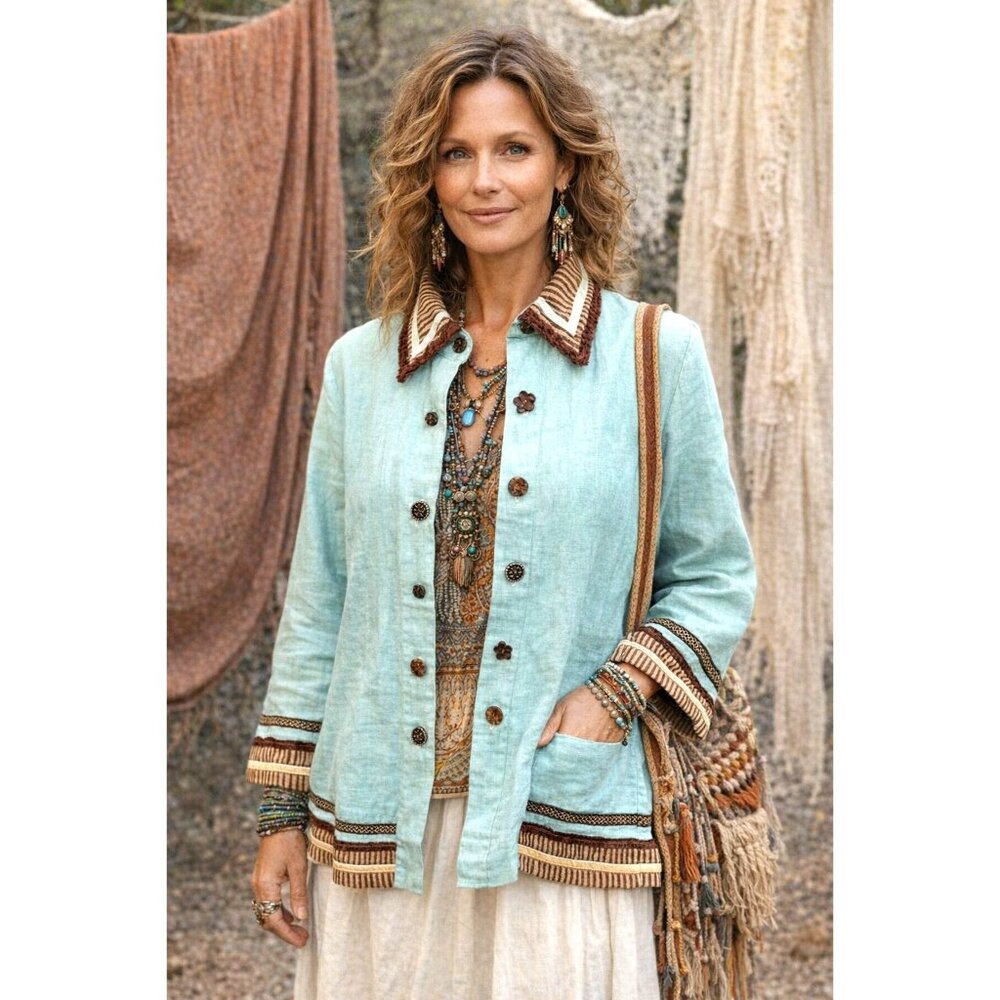 Lilly Hill Womens M Boho Artsy Aqua Brown Linen Jacket Striped Collar Cuffs Boxy